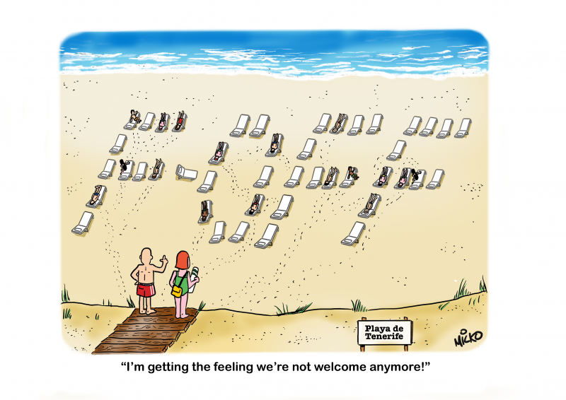 A beach with sun loungers laid out to spell the expletive F - Off