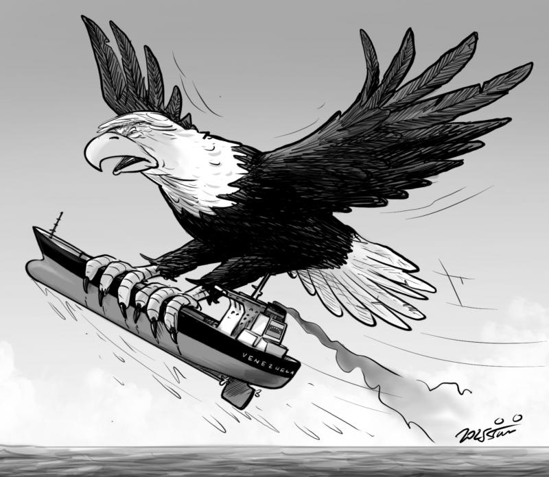 American Eagle with the face of Donald Trump catching an oil tanker.