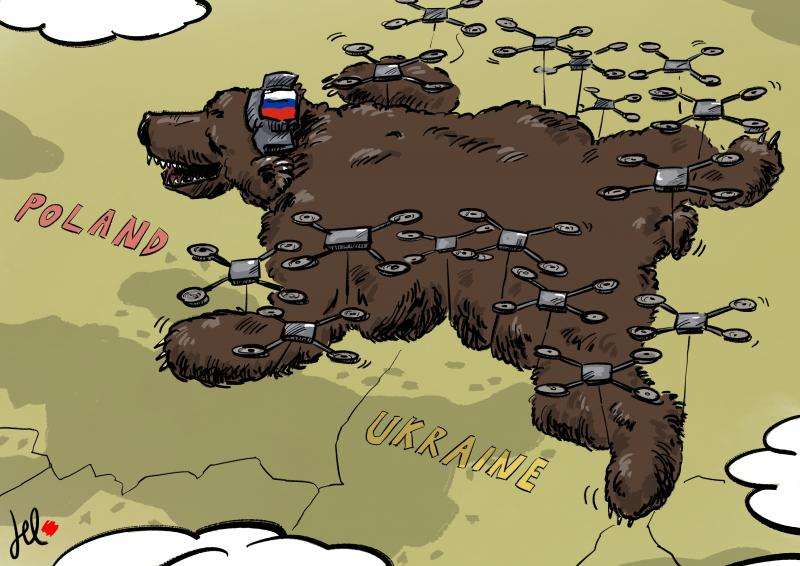 russia drones flying over poland cartoon with bear