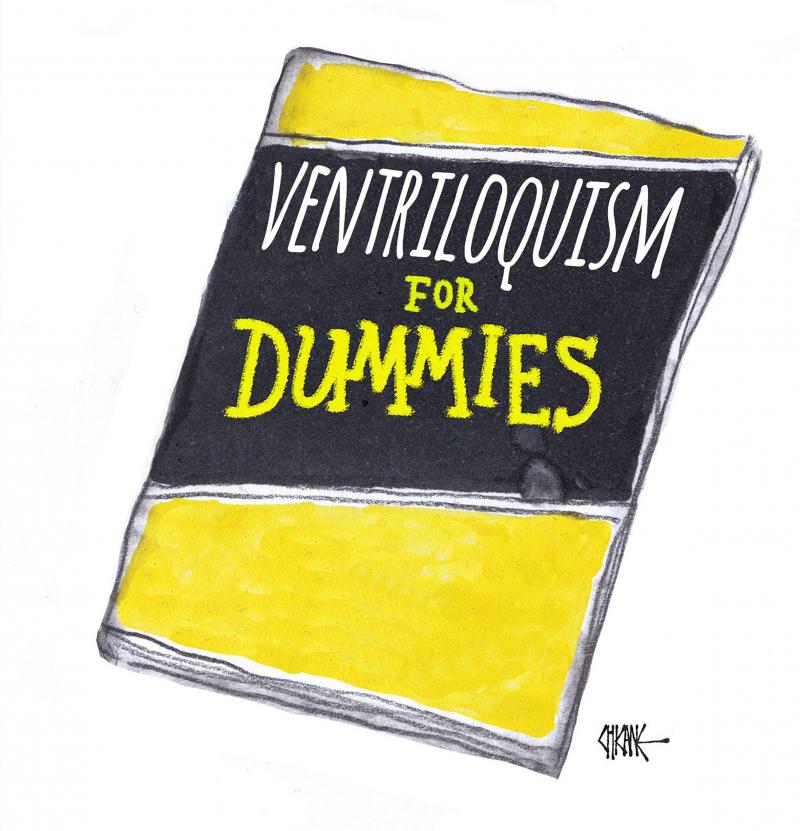 Cover of a possible 'For Dummies' instructional book series, entitled 'Ventriloquism For Dummies.'