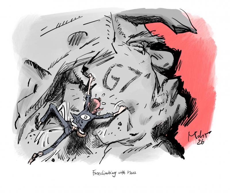German chancellor Merz on a rock with the shape of Trump.