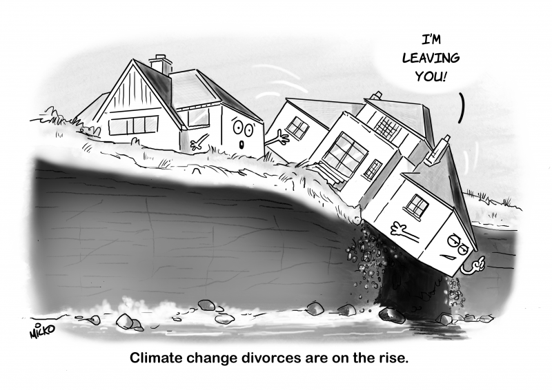 A house built on a cliff succumbs to coastal erosion and falls into the sea.