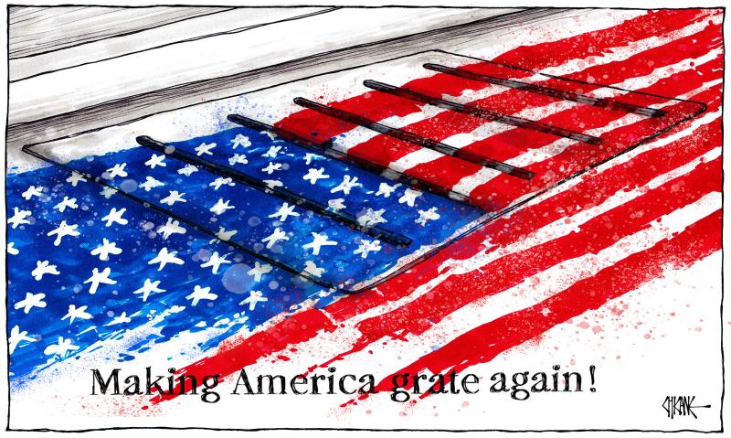 US flag going down a drain grate, with the caption "Making America Grate Again."