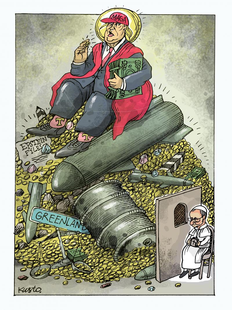 Cartoon showing a large Donald Trump with the halo of a saint (in the form a a golden coin) sitting on a large pile of money missiles and oil barrels. A small Pope Leo XIV sits on a plain chair on the other side of a confessional booth.