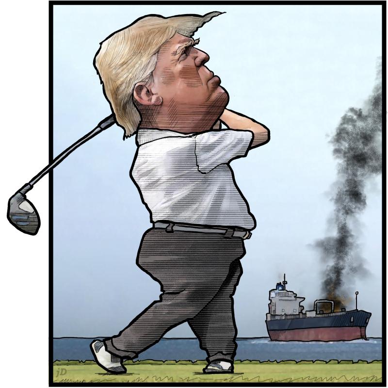Caricature of Donald Trump playing golf besides the Strait of Hormuz