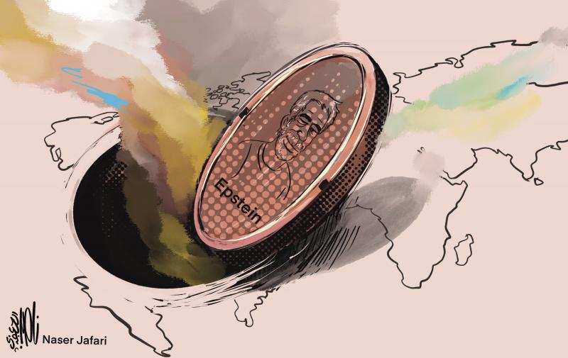 Cartoon showing a map of the world. A giant open sewer hole is in the place of the USA, with brown, noxious fumes coming out. The lid, lying next to the hole, shows the face of Jeffrey Epstein.