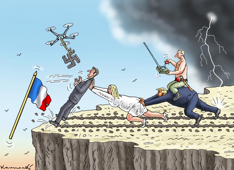 Cartoon showing the French flag and Macron being pushed off a cliff by Marine Le Pen, being pushed by Trump. Putin is sitting on the back of Trump controlling a drone that is holding a swastika (to replace the French flag).