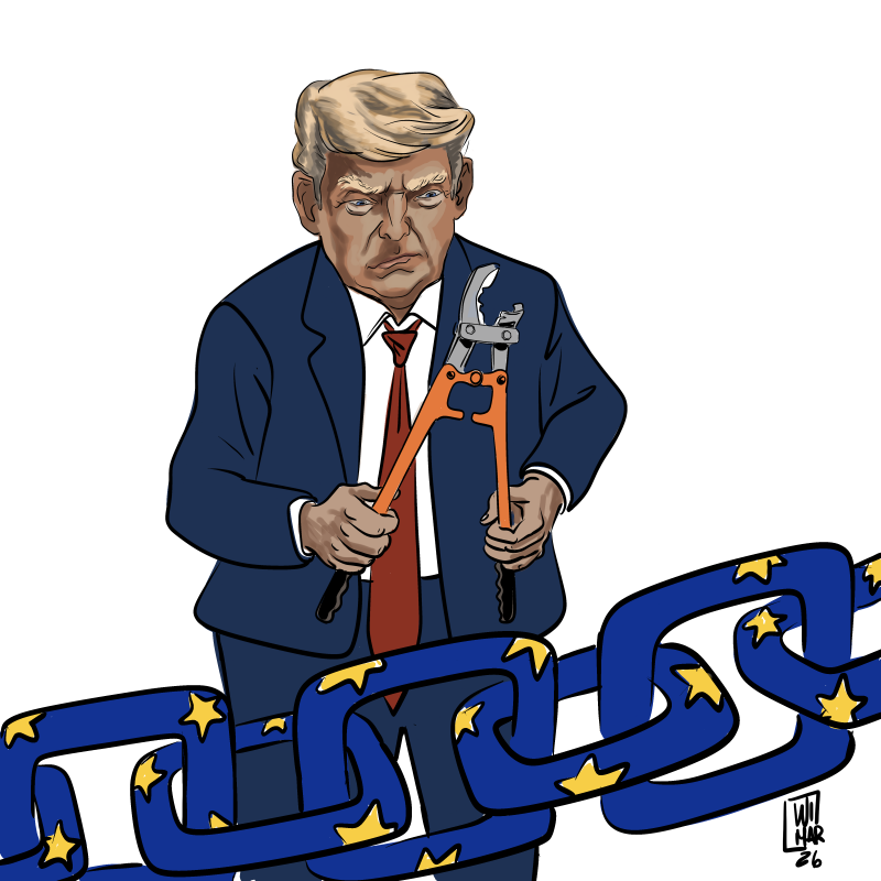 Trump is seen looking disappointed with a broken cutting tool in his hands, while in the foreground we see a huge chain with the colors and stars of the European Union.