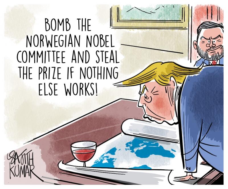 A cartoon shows Donald Trump leaning over a desk with a map and a glass of wine. Vice President Vance stands behind him and says: 'Bomb the Norwegian Nobel committee and steal the prize if nothing else works!'