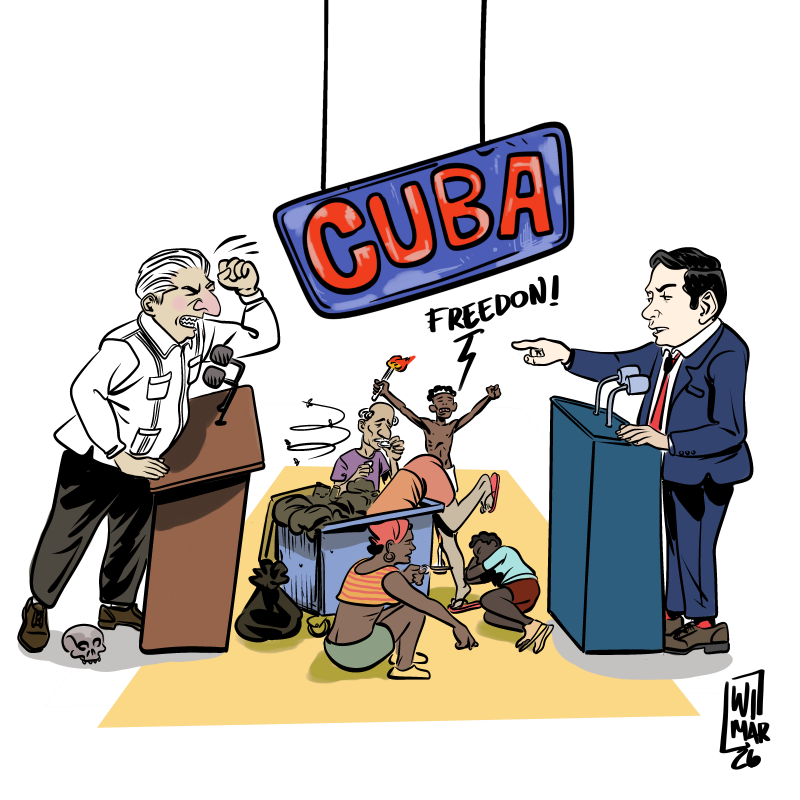 The Cuban president is seen standing behind a podium, facing another podium where Marco Rubio is pointing at him. In the middle, ordinary Cubans are rummaging through trash for food, while others sleep on the floor. In the background, a young man holding a torch shouts for freedom. 