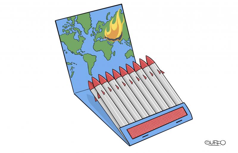 Cartoon showing a flip-open matchbox  The matches are missiles, while the inside of the flag, close to the missiles, shows a map of the world on fire in the Middle East.
