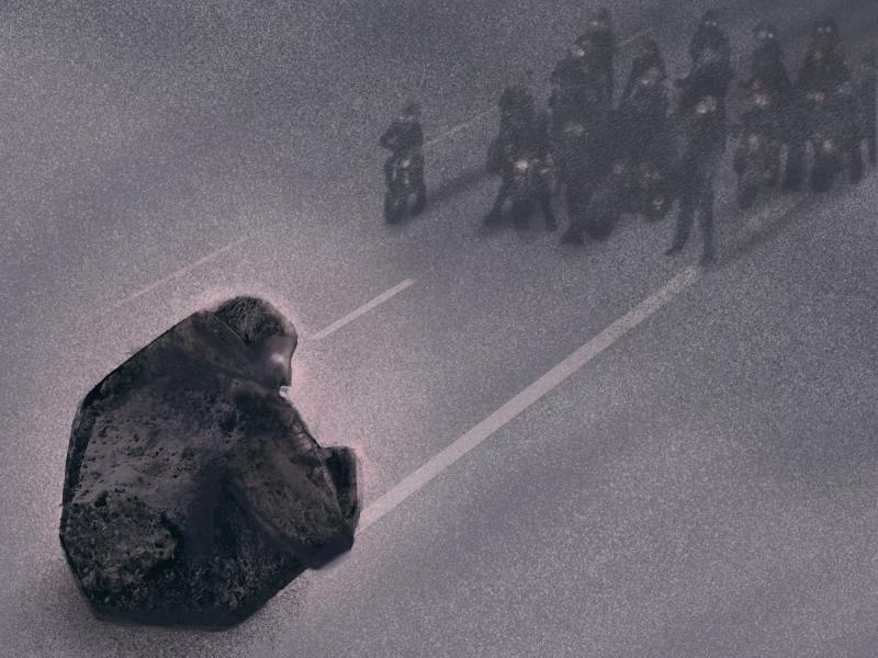 ةMy interpretation portrays the man as an immovable rock, reflecting the resilience and defiance that came to define the widely circulated image.