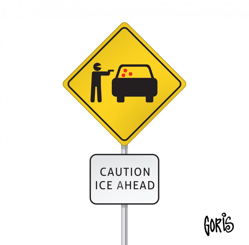 Cartoon showing a yellow road warning sign with a car, a person with a gun, and three red dots on the car window representing gun shots on it. A text sign blow reads "Caution. ICE ahead'