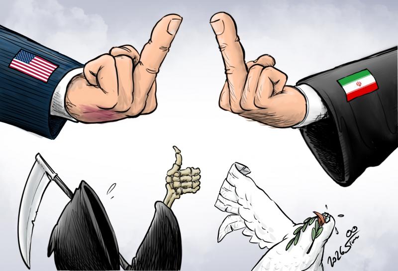 Hand signs that everybody understands. USA and Iran showing each other the middle finger, Peace Dove with thumbs down, the Death with thumbs up.