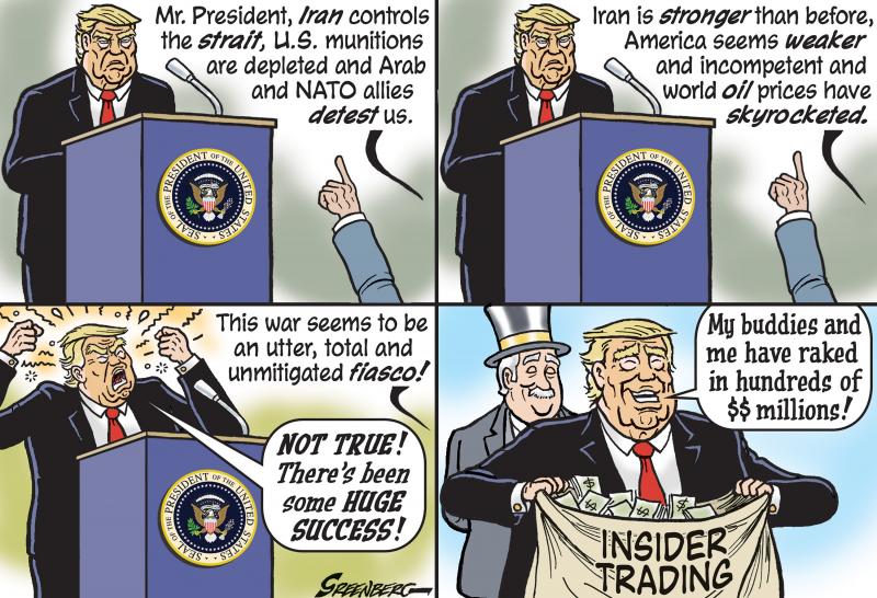 Trump is asked about his failures in his war with Iran, but finds success in profiteering.