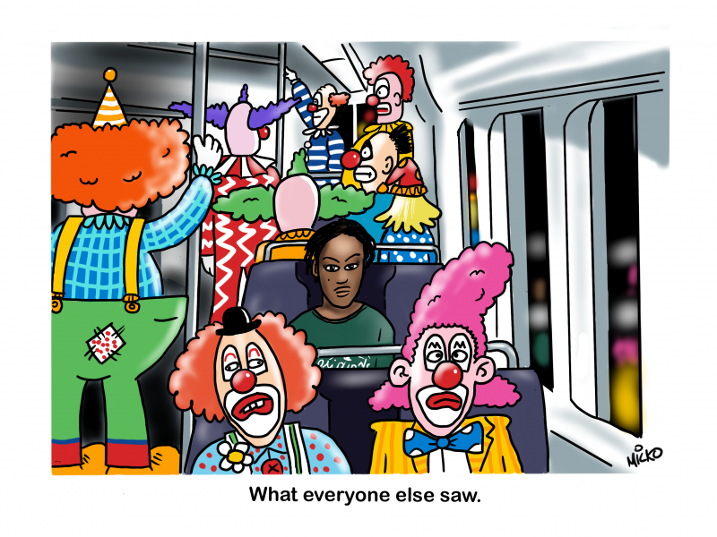 The famous DC metro photo from July 4th with the black girl amongst the masked racists but as clowns
