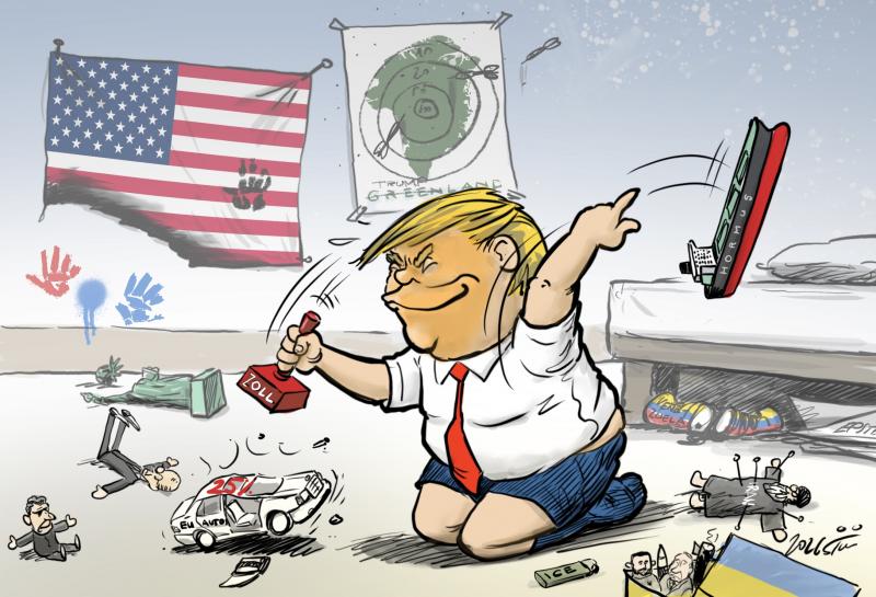 Trump pictured as a kid which joyfully destroys all his toys.