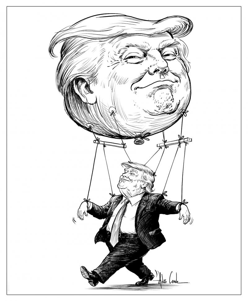 Donald Trump is portrayed as a puppet controlled by a giant balloon shaped like his own head, suggesting that his political actions are driven by an inflated ego, narcissism and the desire to make himself “great again.”