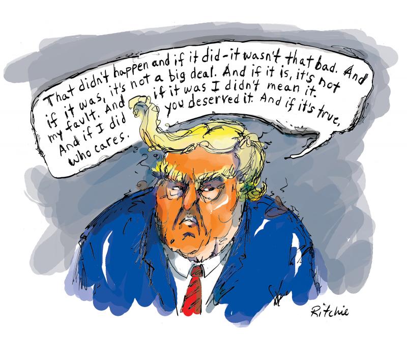 Portrait of Trump describing his deny and deflect methods