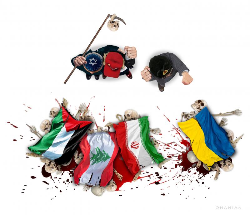 Cartoon showing a topdown view of Trump, Netanyahu and Putin. They are standing, looking at three piles of skulls covered in respectively the Iranian, Lebanese and Ukrainian flag.