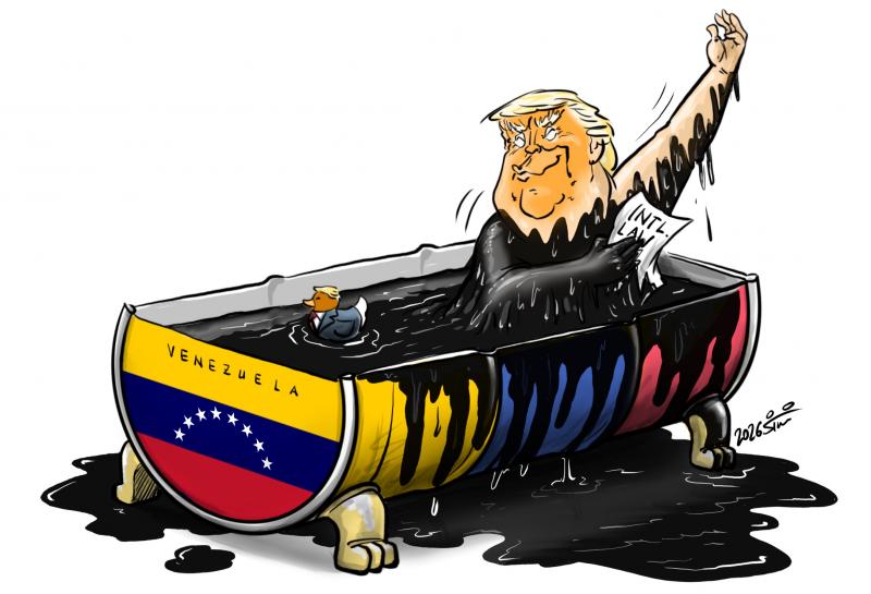 Trump takes a bath in Venezuelan oil, wiping his axle with International Law.