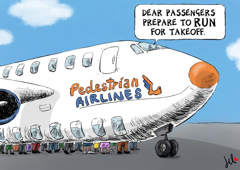 airplane powered by people walking because of lack of fuel