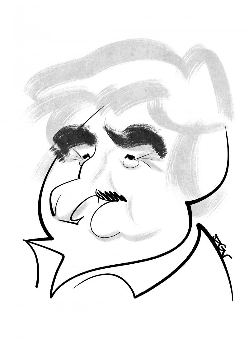 Caricature of Pepe Mujica in black and white