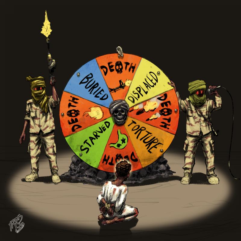 Two Rapid Support Forces members spinning a pinwheel to decide the fate of a captured citizen.
