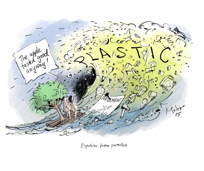 A wave of plastic-waste washes over Adam and Eve.