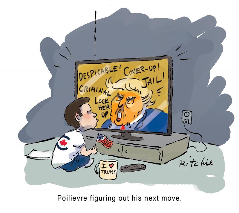 Pierre Poilievre, leader of the Canadian Opposition cozies up to the tv, watching Trump.