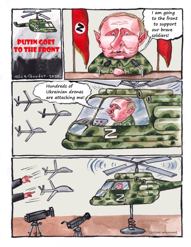 Putin is in a helicopter and drones are flying towards him.