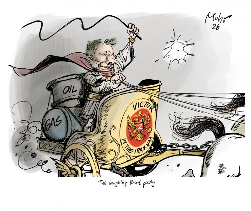 Putin on a chariot with oil- and gas-barrels in the Iran-war