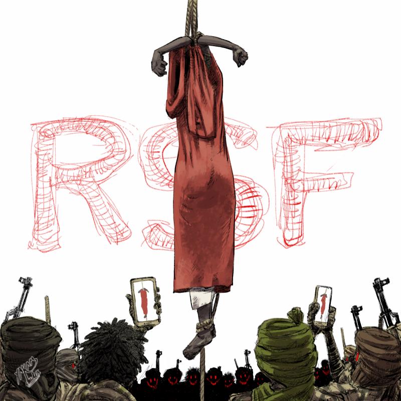 A woman hanged by her elbows behind her head in a very painful and harming way surrounded by RSF celebrating and documenting their latest hunt.