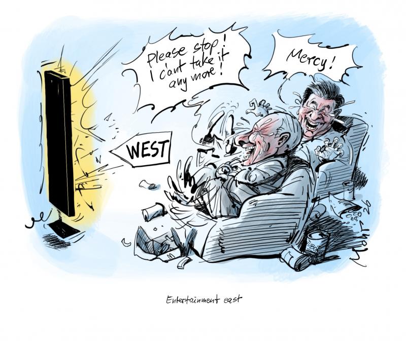 Putin and Xi Jinping watching the Western behavior on television, doubled up with laughter.