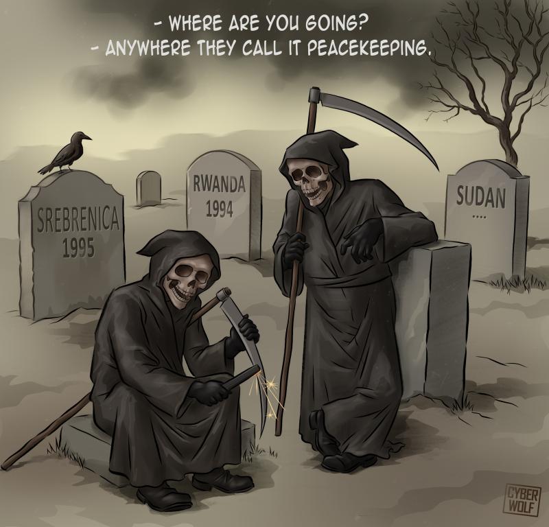 Two Grim Reapers in a graveyard with tombstones marked Srebrenica 1995, Rwanda 1994, and Sudan. One sharpens his scythe while the other asks where he’s going.