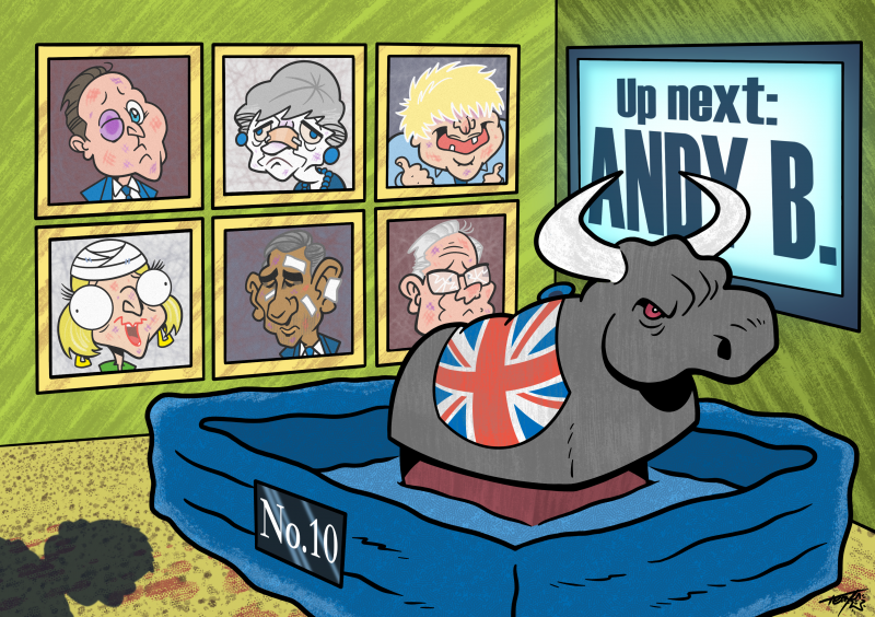 A mechancial rodeo bull with a British Union Flag saddle is shown with framed photos of UK prime minsters Cameron, May, Johnson, Truss, Sunak, and Starmer, each bruised and bandaged. A tv screen bears text "Up next: ANDY B."