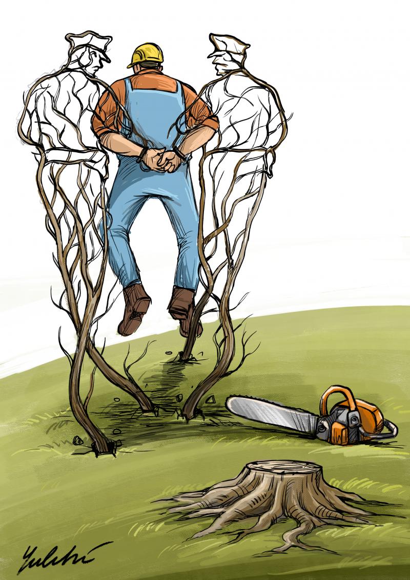 Cartoon showing a tree stump. A little distance away, roots are growing out of the ground, forming the silhouettes of two police officers. Ensnared between the roots is a lumberjack carrying a chainsaw.