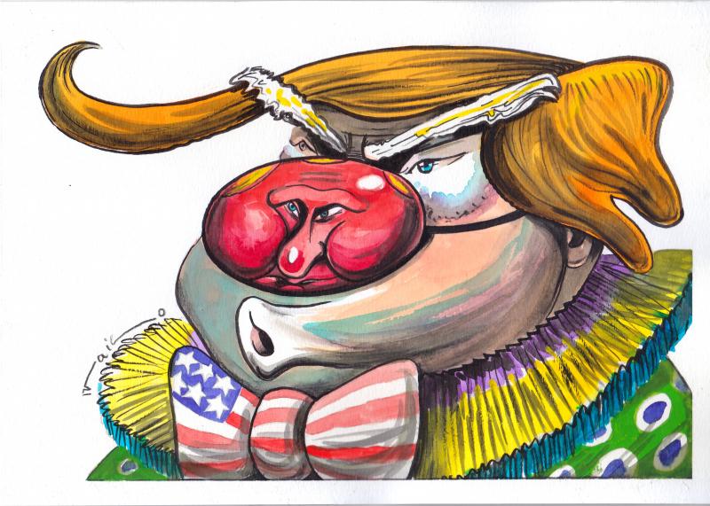 Cartoon showing Trump in a clown's costume with a large red nose that is shaped like the head of Putin.