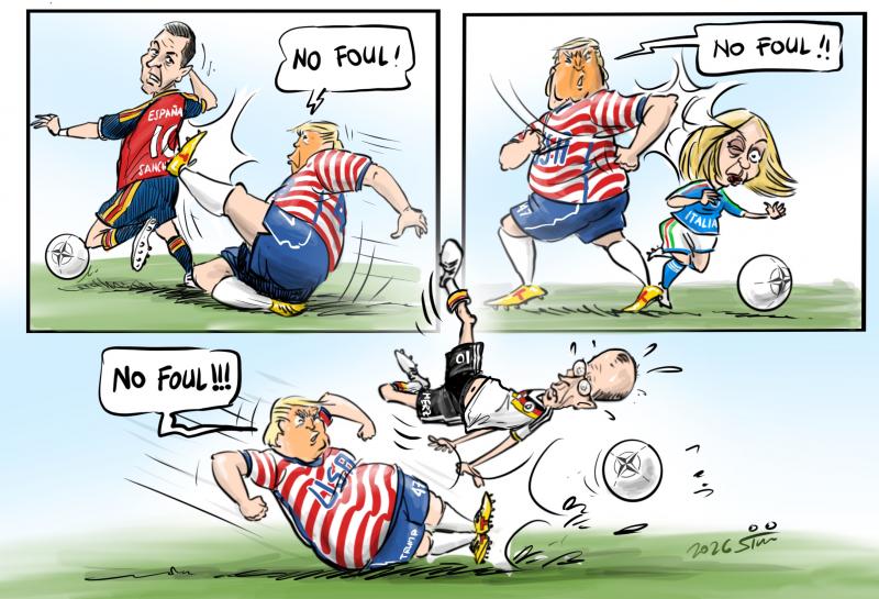 Donald Trump as a dirty football player, fouling Pedro Sanchez, Giorgia Meloni and Friedrich Merz.
