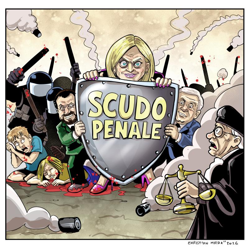 Political cartoon of riot police beating unarmed protesters while politicians hold a large “Legal Shield” that blocks a judge from intervening.
