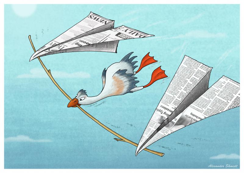 Paper airplanes are carried on a twig a duck ... In the same way as ducks carried a frog on a twig.