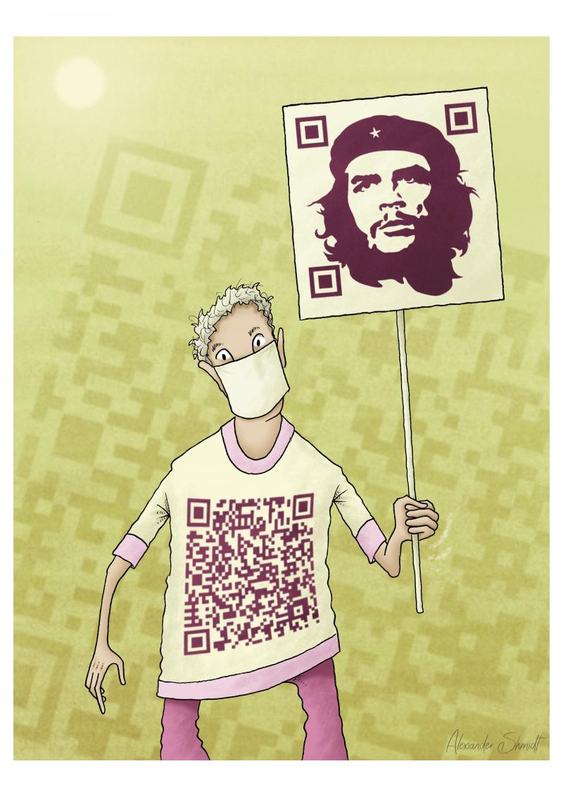 A man in a T-shirt with a QR-code holds a poster with a portrait of Cheguevara in his hand.