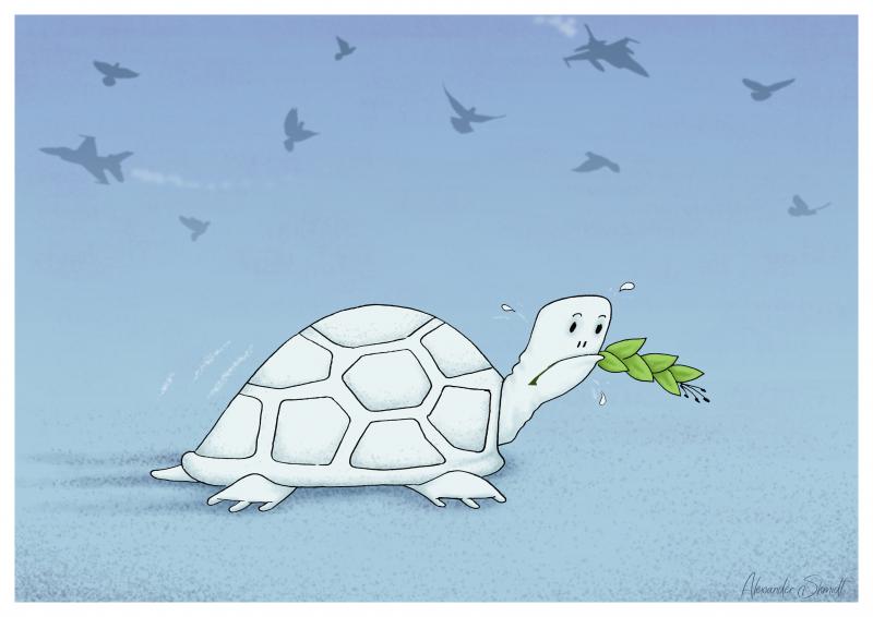 White turtle with an olive branch, as the opposite of the Dove of Peace.