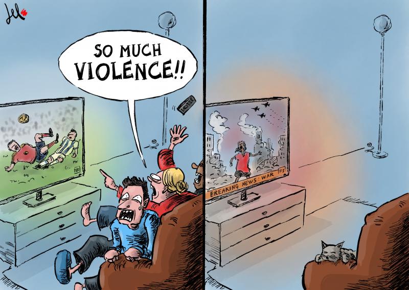cartoon about world cup and another tv which shows scenes of war but no one watches