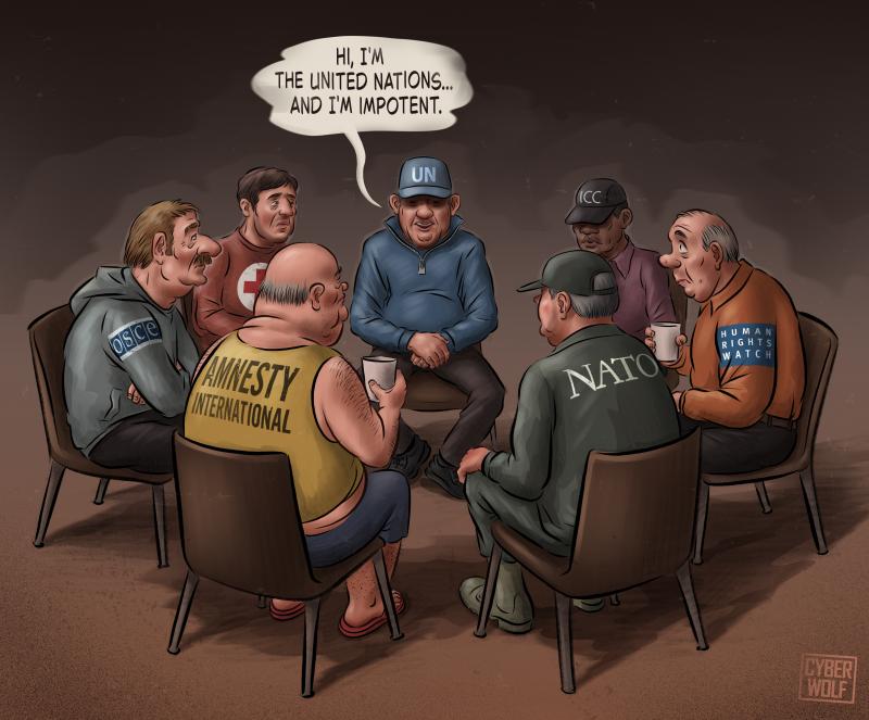 Cartoon showing representatives of various world organizations sitting in a therapy circle; the United Nations figure says, “Hi, I’m the United Nations... and I’m impotent.”