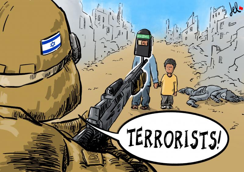 cartoon about IDF Israeli troops in Palestine and civilians