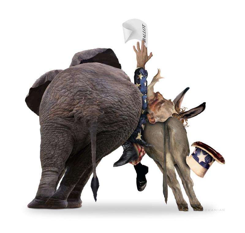 Democrats and Republicans pressuring American voters for their vote. 