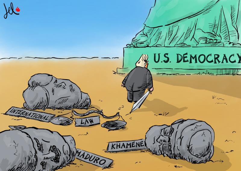 trump beheading leaders and breaking law cartoon