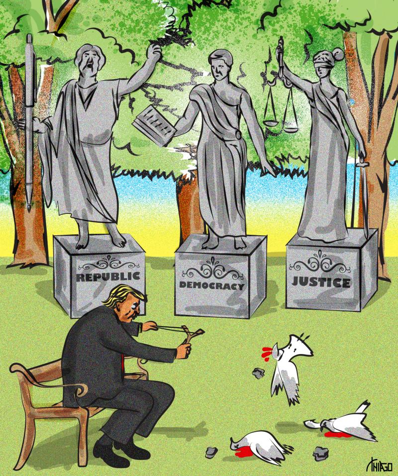 Cartoon showing Trump sitting on a park bench killing pigeons with a catapult while behind him stand sculptures labeled 'Republic', Democracy' and 'Justice'.