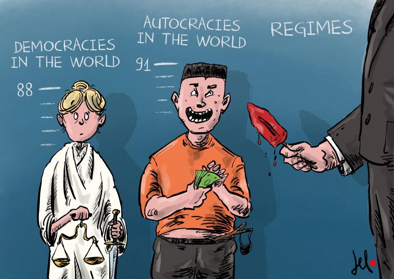 cartoon about democracies and autocracies in the world
